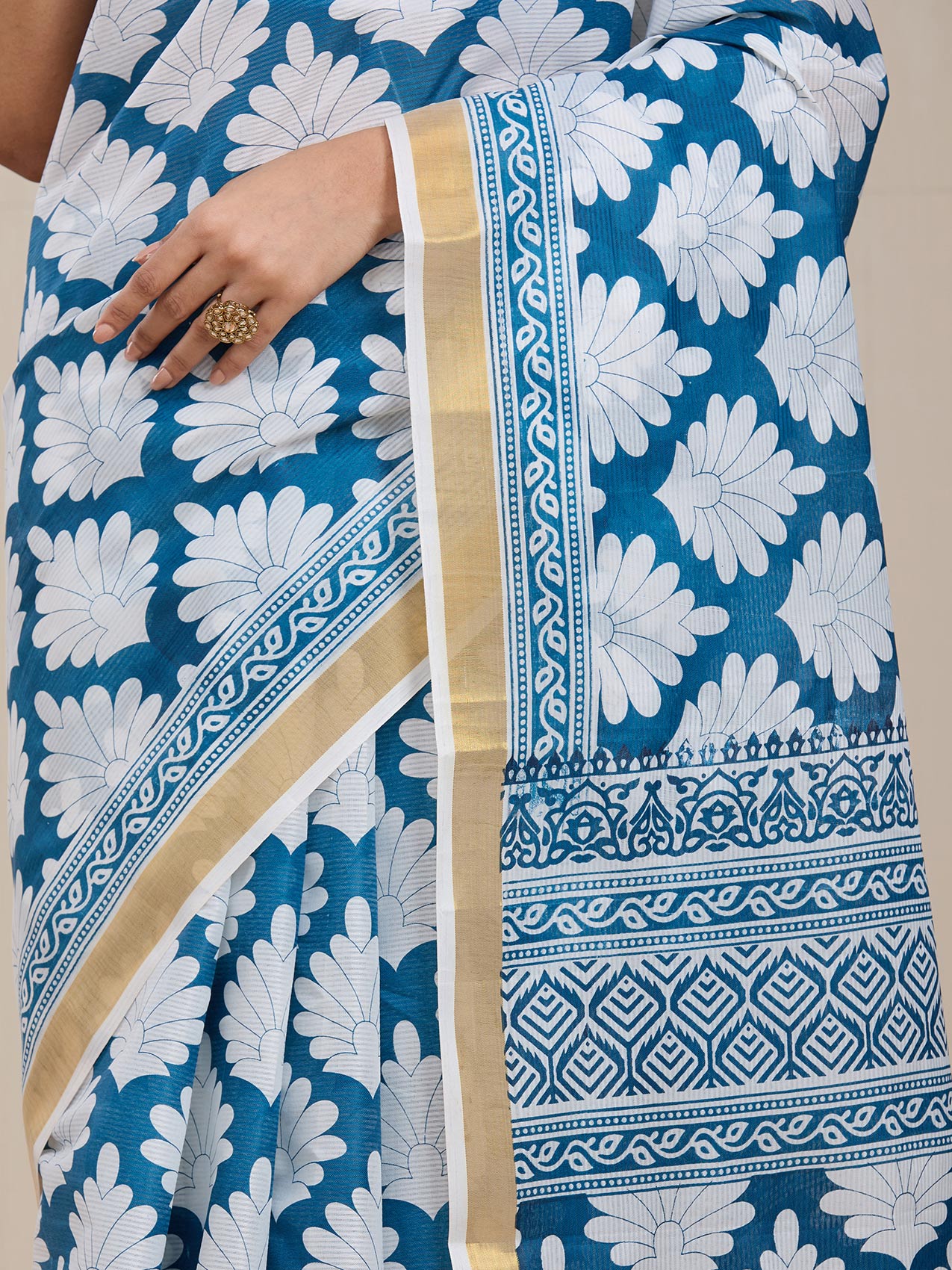 Vervee Couture Teal White Printed Silk Blend Saree | EKA