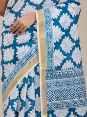 Vervee Couture Teal White Printed Silk Blend Saree | EKA