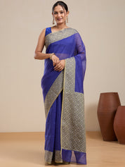 Vervee Couture Blue Woven Silk Blend Saree with Zari Border and Semi Stitched Blouse | EKA