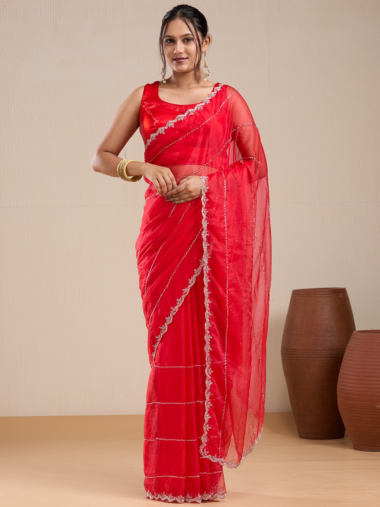 Vervee Couture Red Pure Net Saree with Semi Stitched Blouse | EKA