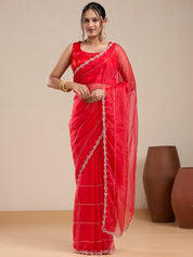 Vervee Couture Red Pure Net Saree with Semi Stitched Blouse | EKA