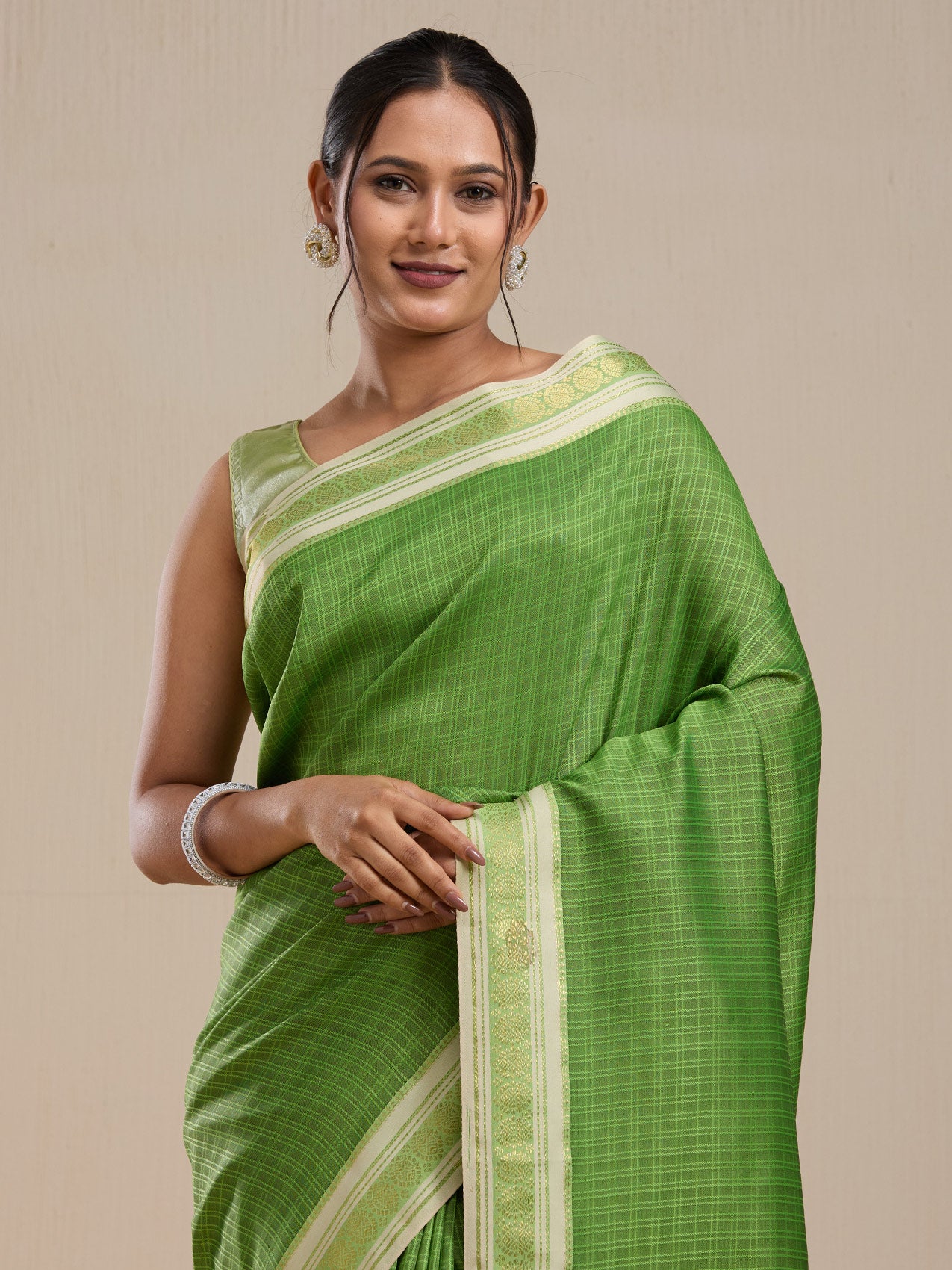 Vervee Couture Green Silk Blend Saree with Zari Border and Semi Stitched Blouse | EKA