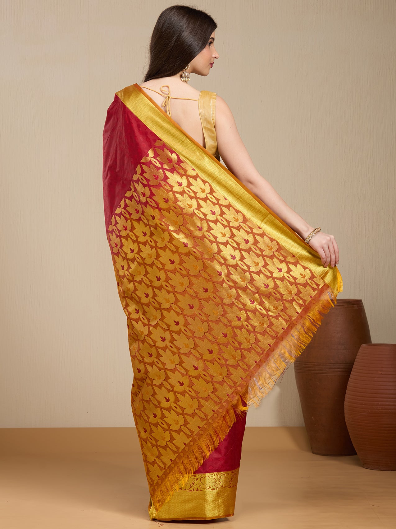 Vervee Couture Maroon Silk Blend Saree with Zari Border | EKA