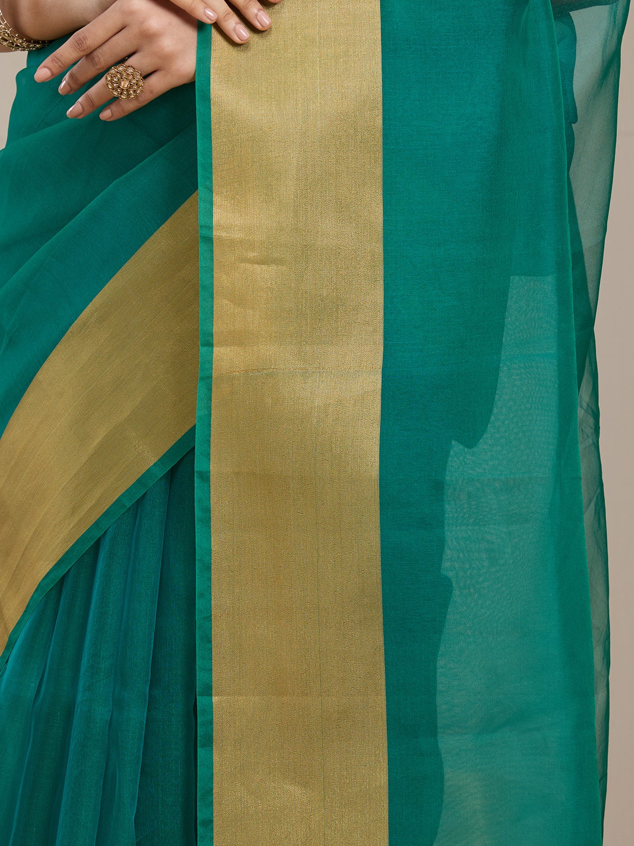 Vervee Couture Teal Blue Gold Silk Blend Saree | EKA