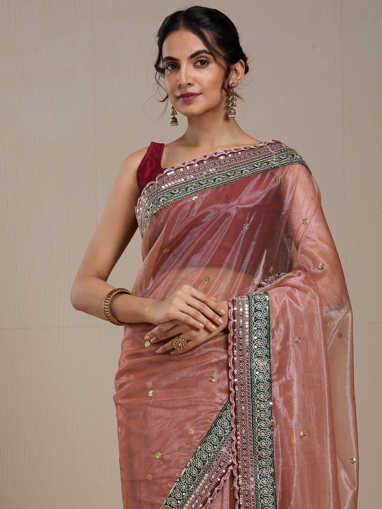 Vervee Couture Onion Pink Poly Georgette Embellished Saree | EKA