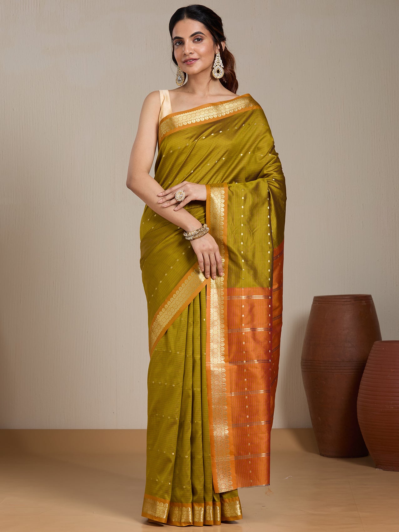 Vervee Couture Olive Green Rust Orange Woven Silk Blend Saree | EKA