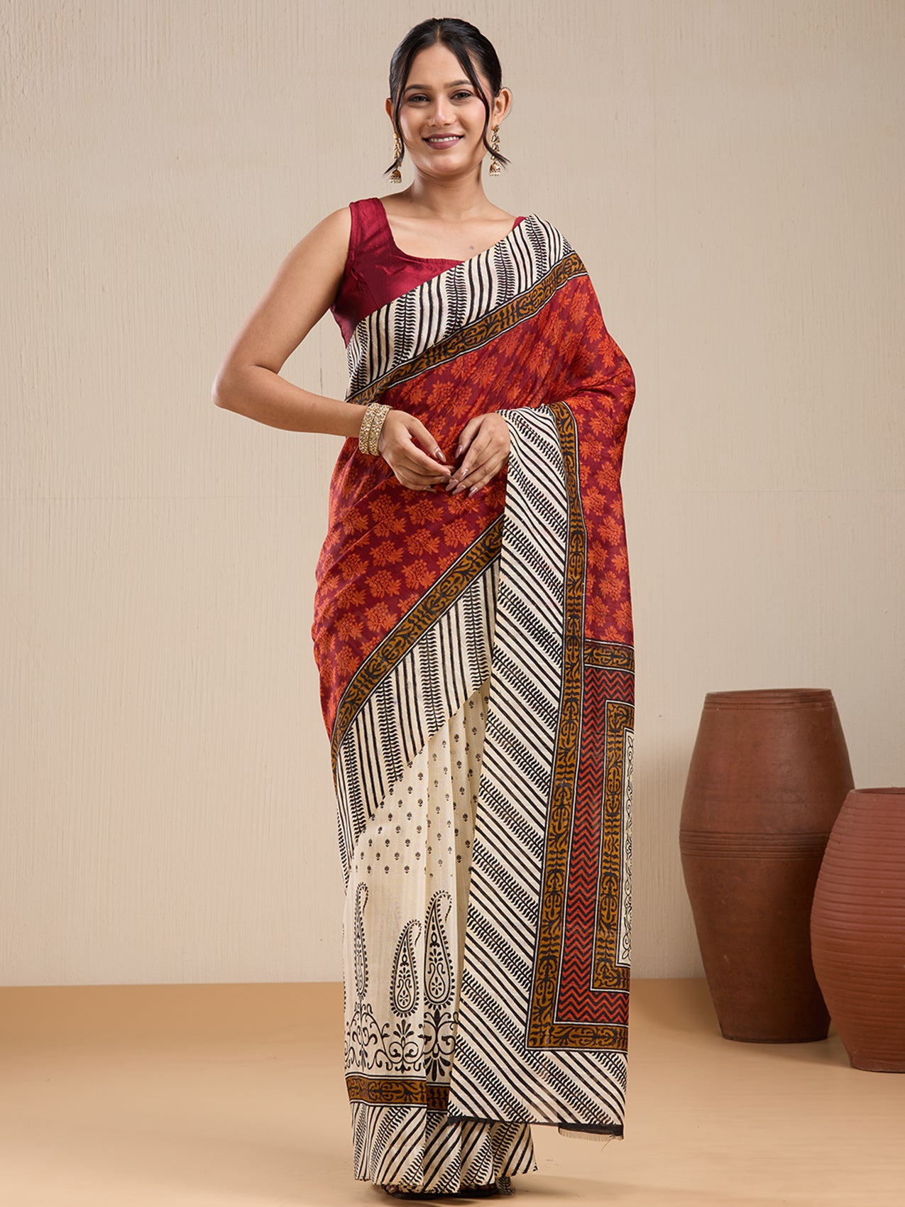 Vervee Couture Maroon Silk Blend Saree with Zari Border and Semi Stitched Blouse | EKA