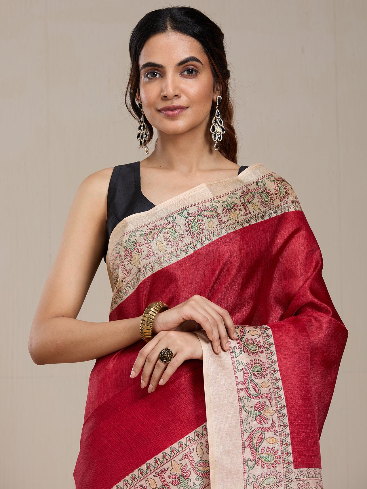 Vervee Couture Red Silk Blend Saree with Ethnic Motif Border | EKA