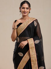 Vervee Couture Black Poly Georgette Saree with Zari Border and Semi Stitched Blouse | EKA