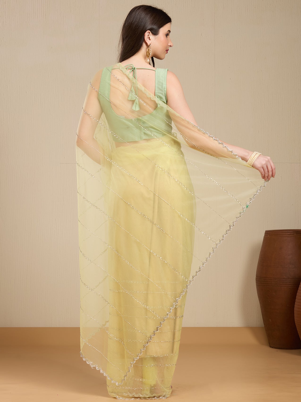 Vervee Couture Yellow Pure Net Saree with Embellished Detailing | EKA