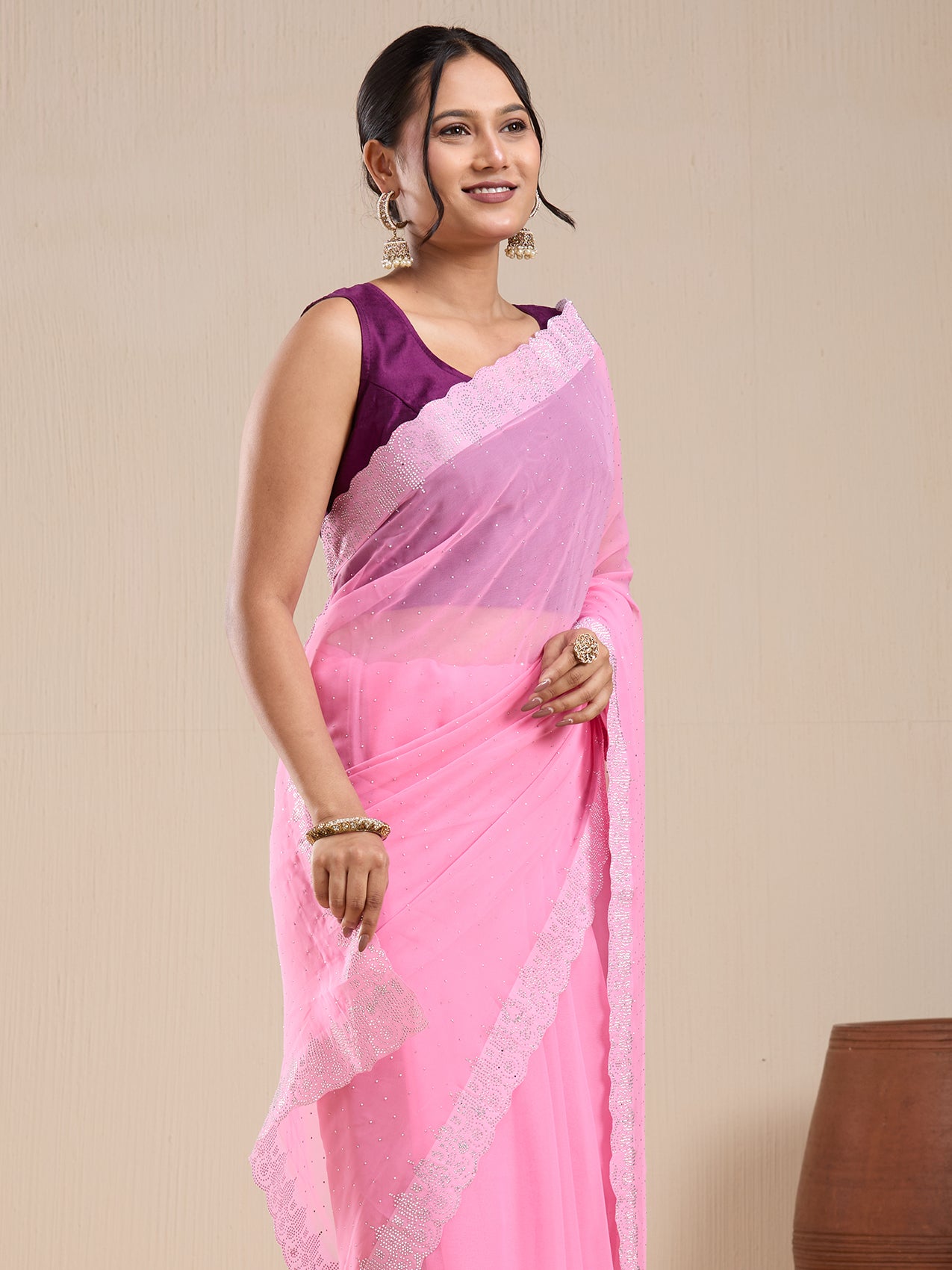 Vervee Couture Pink Poly Georgette Saree with Lace Border and Semi Stitched Blouse | EKA