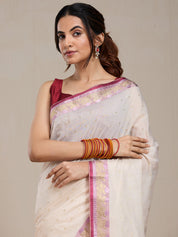 Vervee Couture Cream Pink Woven Silk Blend Saree with Zari Border | EKA