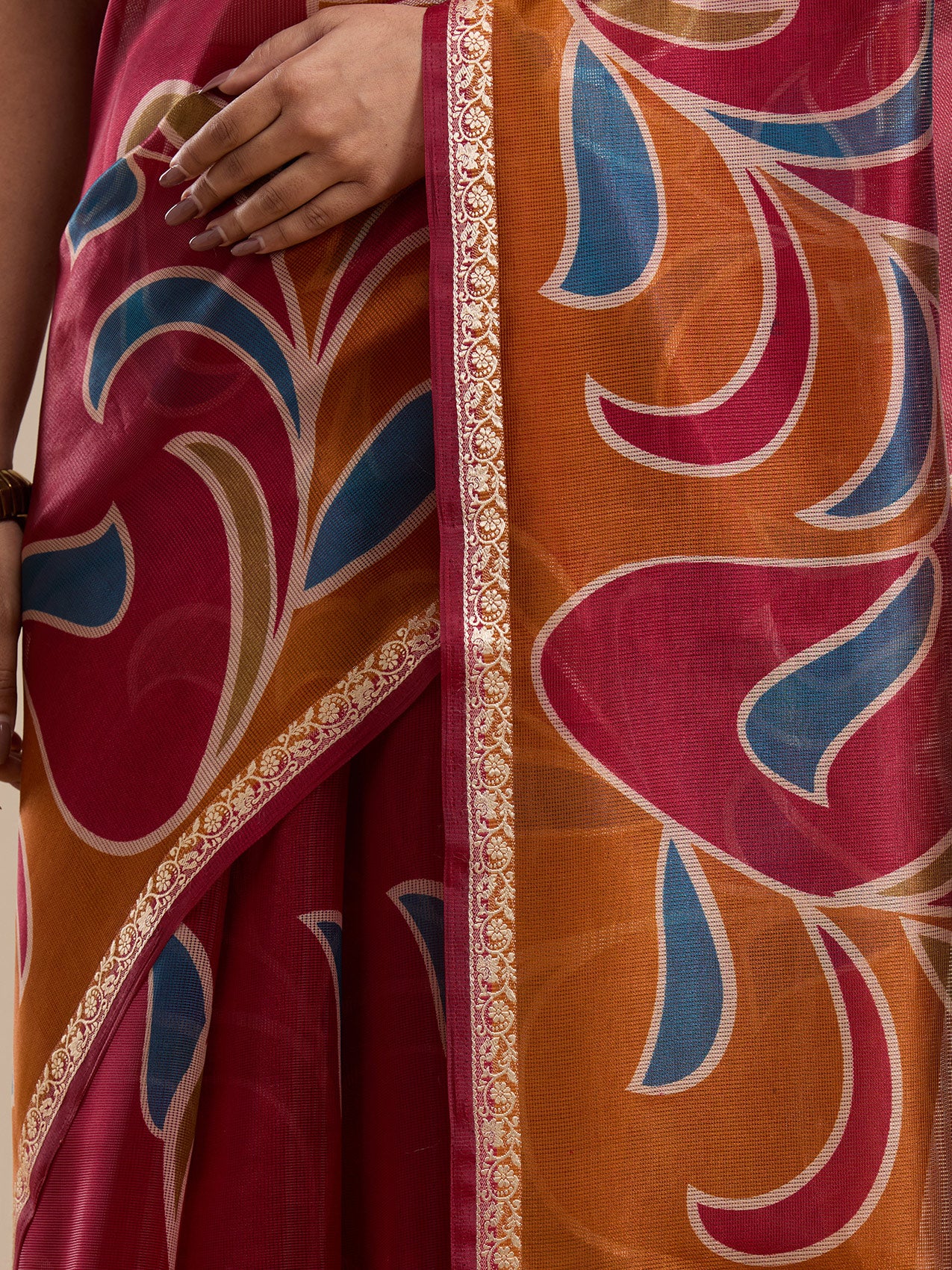 Vervee Couture Maroon Printed Silk Blend Saree with Semi Stitched Blouse | EKA