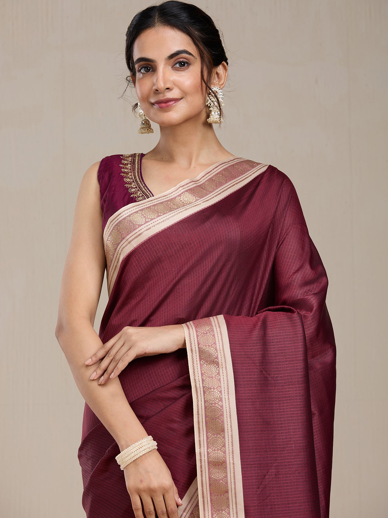 Vervee Couture Maroon Silk Blend Saree with Zari Border and Semi Stitched Blouse | EKA
