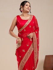 Vervee Couture Red Poly Georgette Saree with Embellished Border | EKA