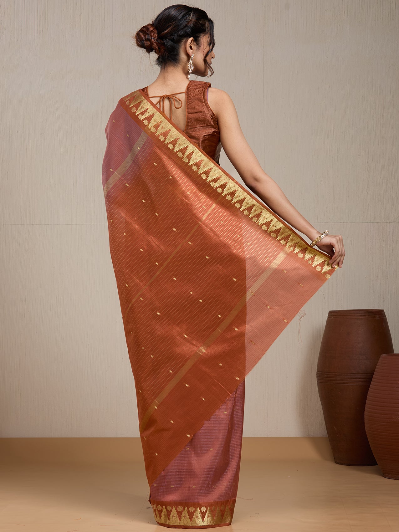 Vervee Couture Copper Gold Printed Silk Blend Saree with Semi Stitched Blouse | EKA