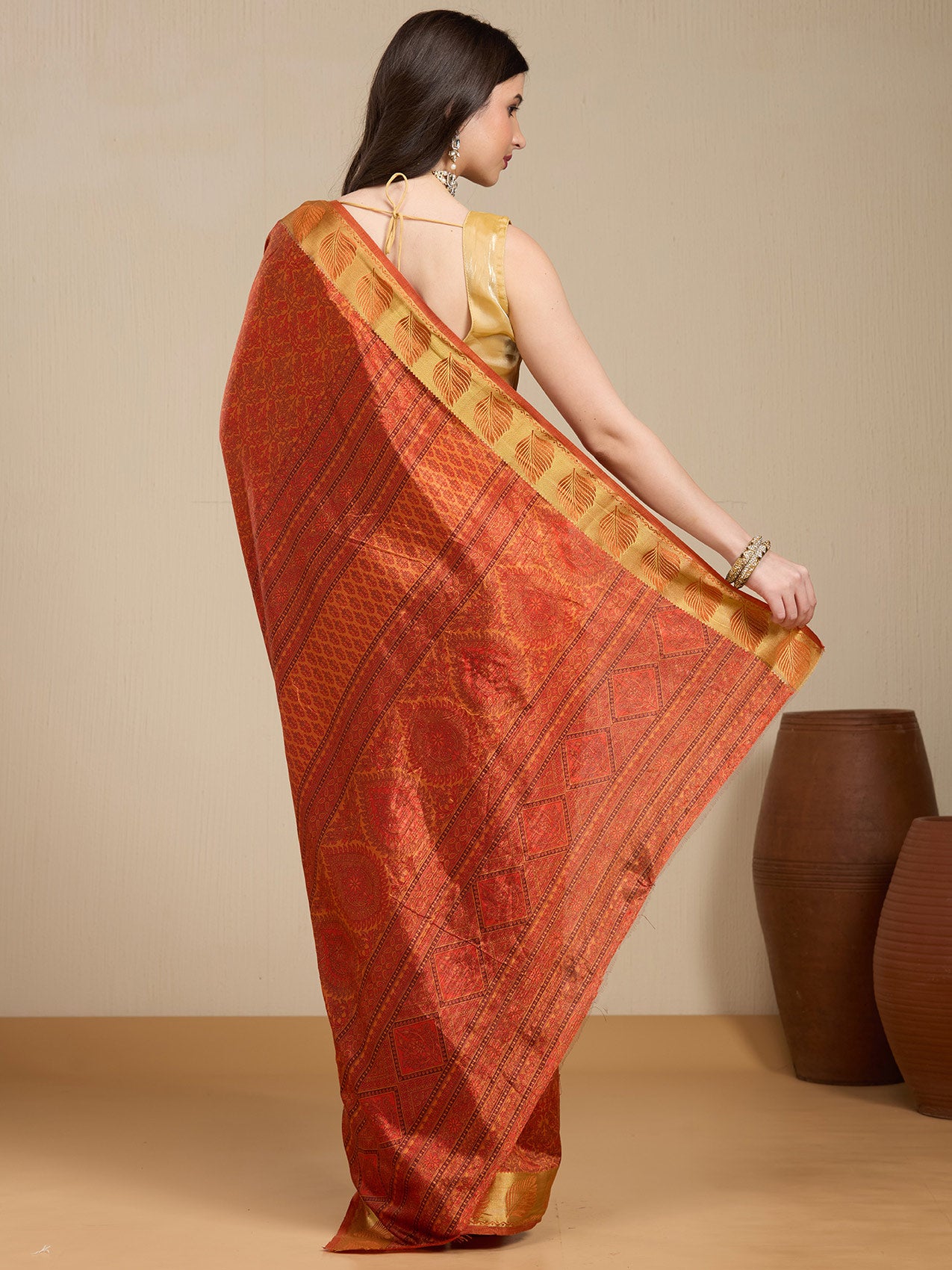 Vervee Couture Orange Silk Blend Saree with Zari Woven Design | EKA