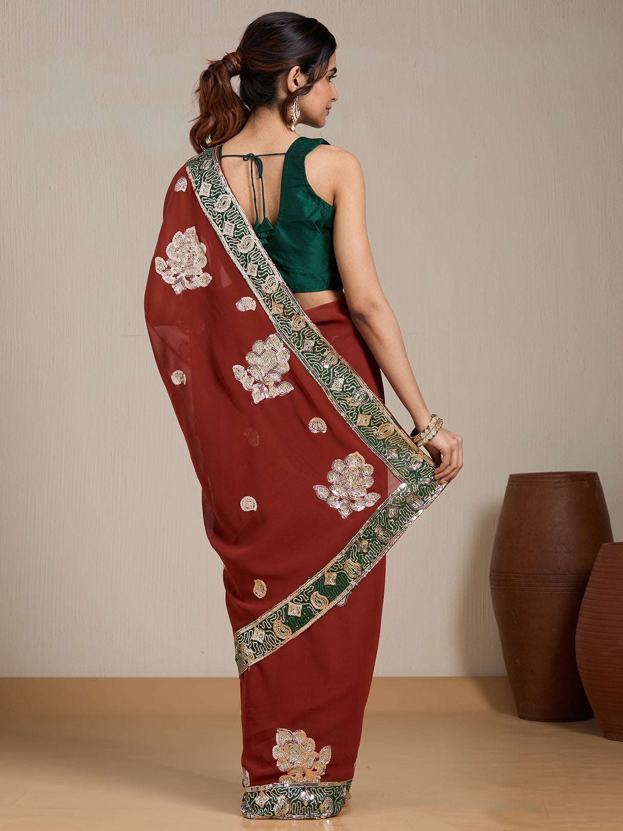 Vervee Couture Red Floral Embellished Poly Georgette Saree with Sequinned Border | EKA