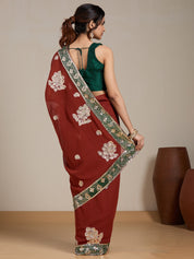 Vervee Couture Red Floral Embellished Poly Georgette Saree with Sequinned Border | EKA