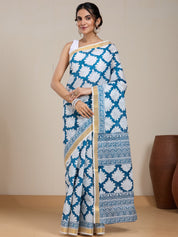 Vervee Couture Teal White Printed Silk Blend Saree | EKA