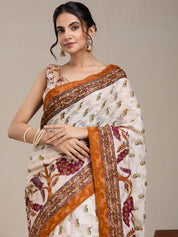 Vervee Couture Off White Silk Blend Saree with Zari Border and Semi Stitched Blouse | EKA