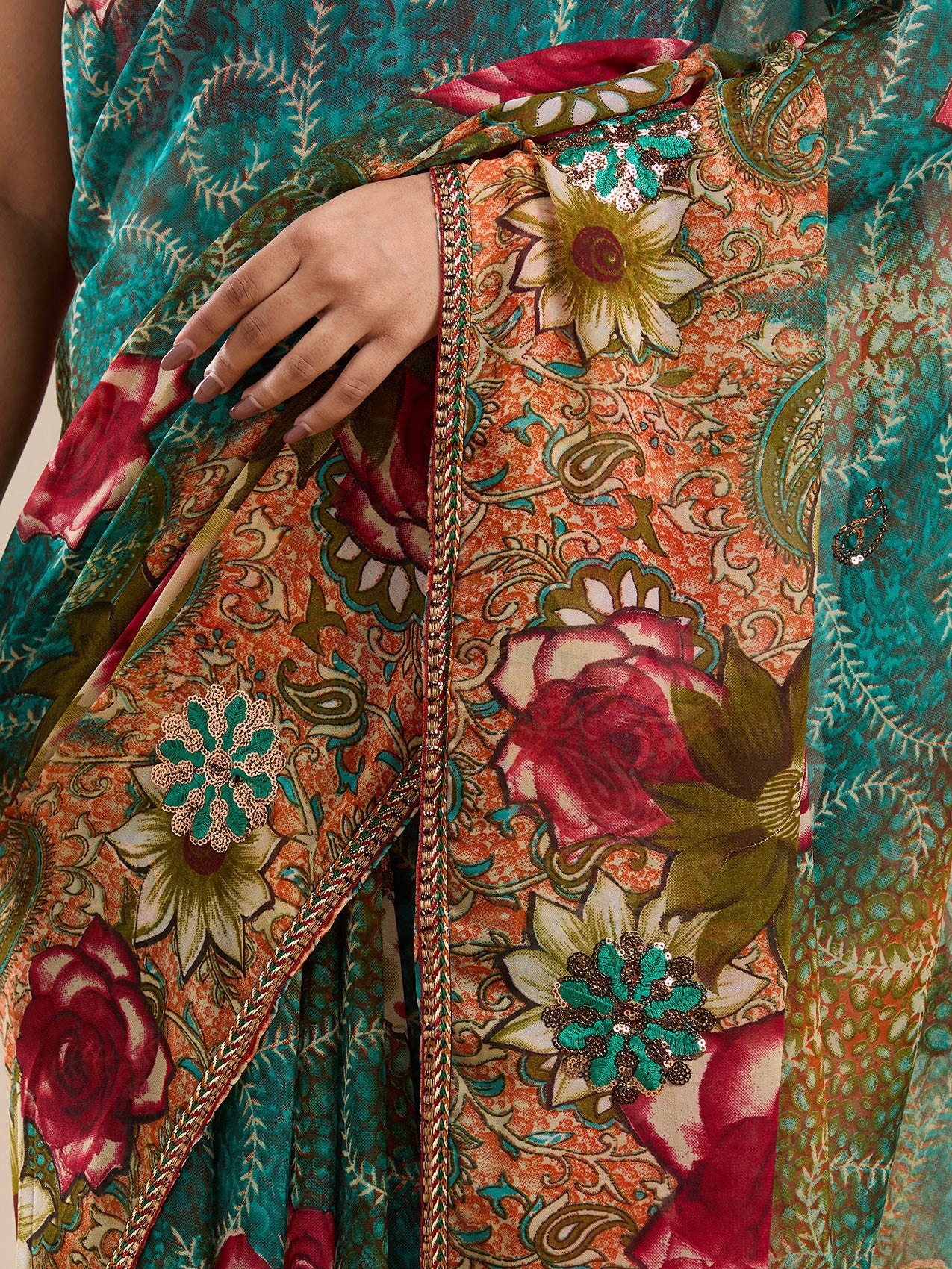 Vervee Couture Teal Red Floral Poly Georgette Saree | EKA