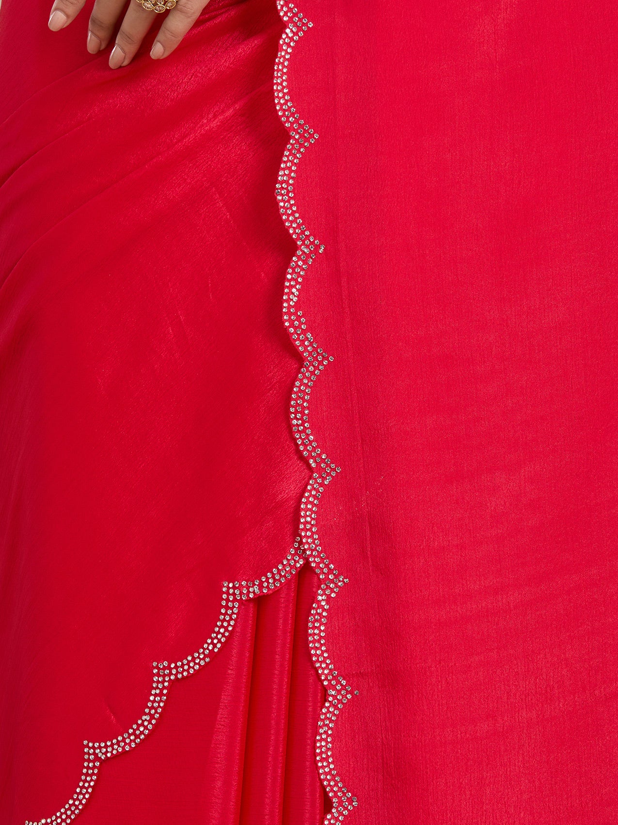 Vervee Couture Red Solid Poly Georgette Saree with Scalloped Border | EKA