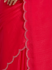 Vervee Couture Red Solid Poly Georgette Saree with Scalloped Border | EKA