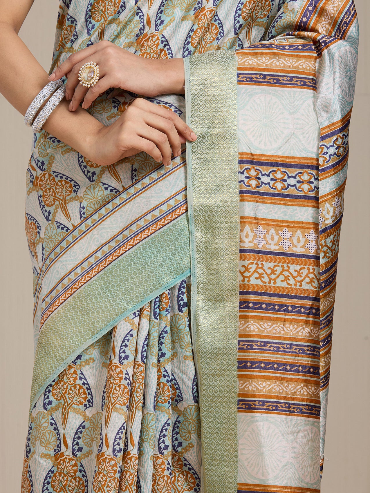 Vervee Couture Cream Green Ethnic Printed Silk Blend Saree with Zari Border | EKA