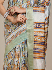 Vervee Couture Cream Green Ethnic Printed Silk Blend Saree with Zari Border | EKA
