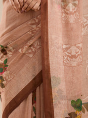 Vervee Couture Beige Floral Poly Georgette Saree with Contrast Border | EKA