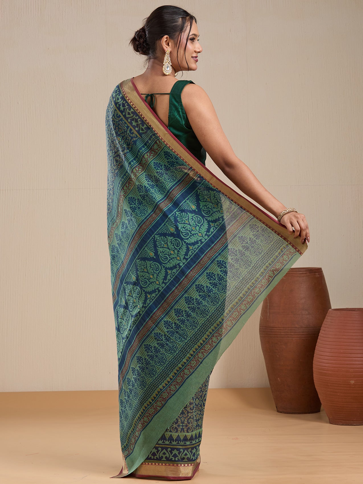 Vervee Couture Green Blue Woven Silk Blend Saree with Zari Border | EKA