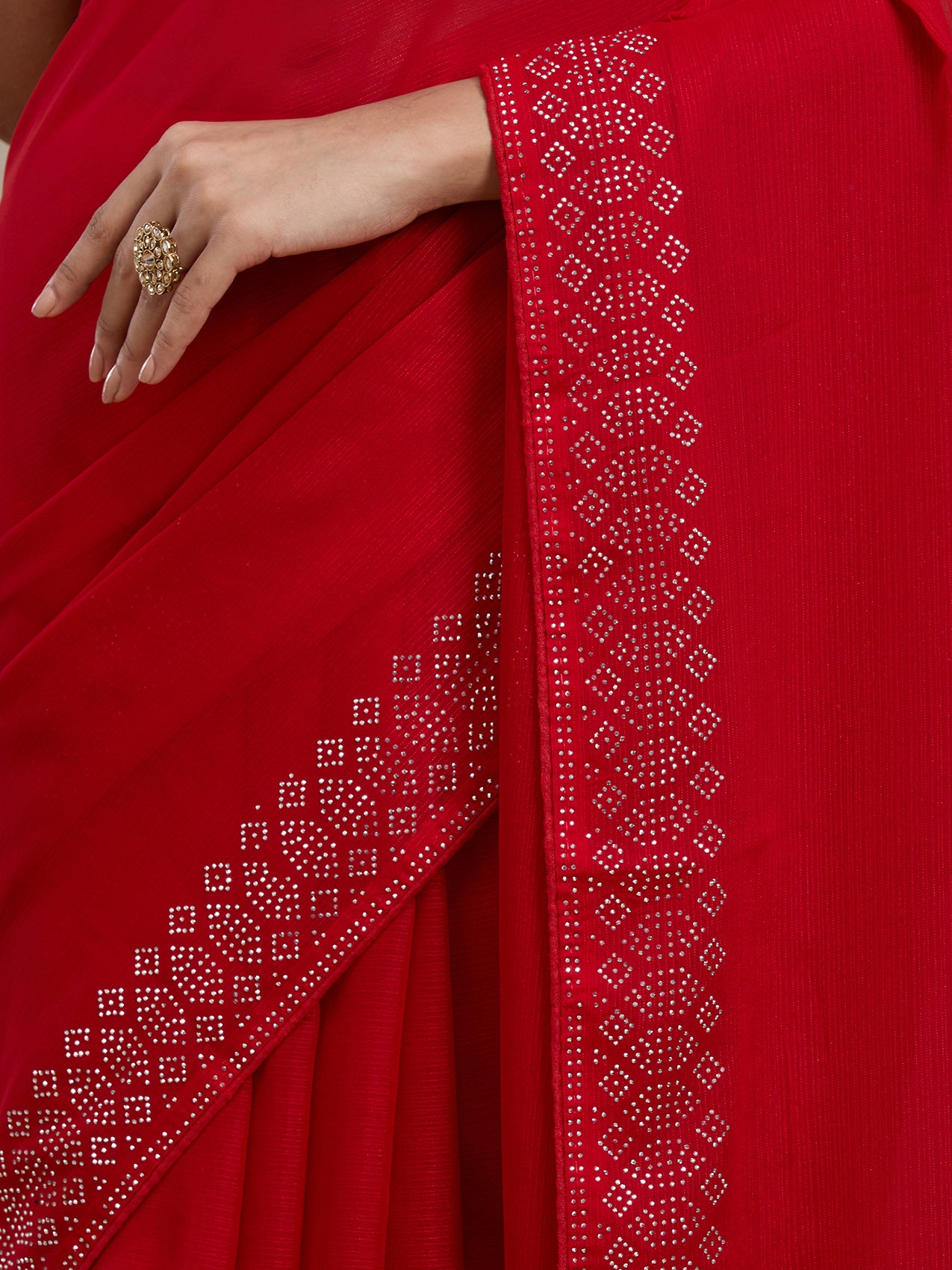 Vervee Couture Red Poly Georgette Embellished Saree | EKA