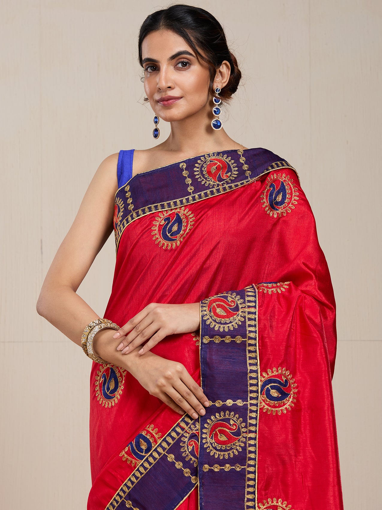 Vervee Couture Red Purple Woven Silk Blend Saree with Zari Border | EKA