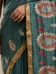 Vervee Couture Teal Green Silk Blend Saree with Ethnic Motifs and Semi Stitched Blouse | EKA