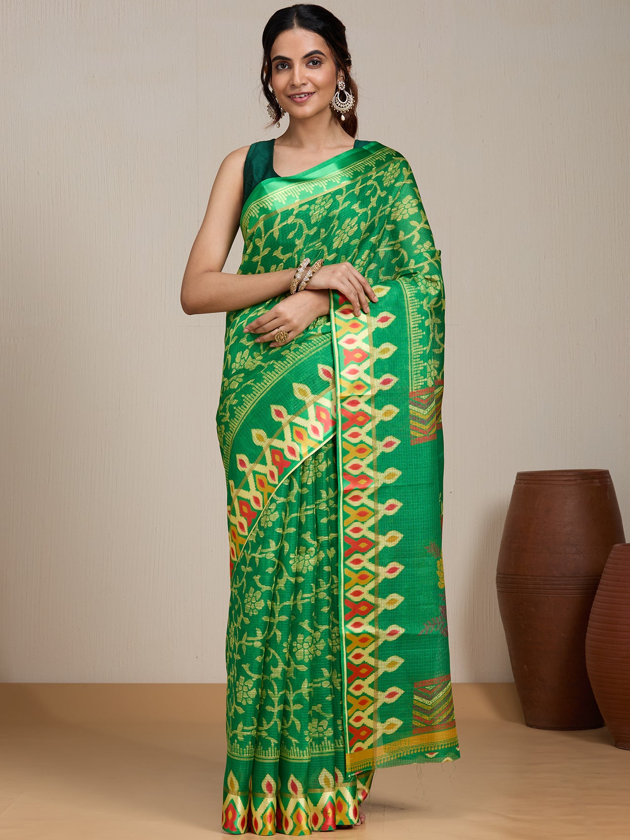 Vervee Couture Green Woven Silk Blend Saree with Zari Border | EKA