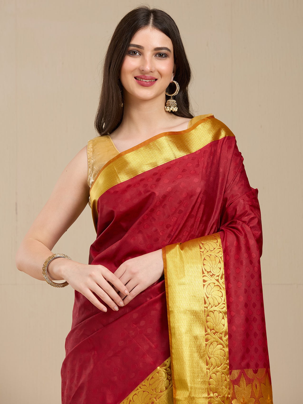 Vervee Couture Maroon Silk Blend Saree with Zari Border | EKA