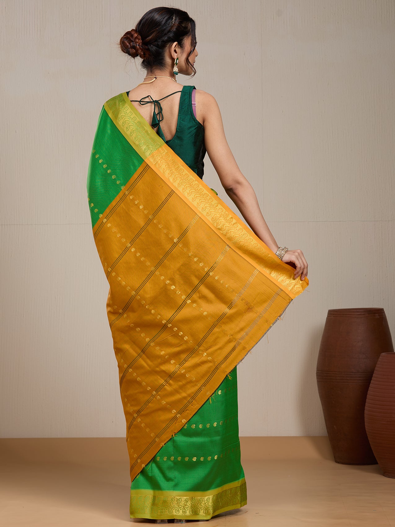Vervee Couture Parrot Green Gold Woven Silk Blend Saree with Semi Stitched Blouse | EKA