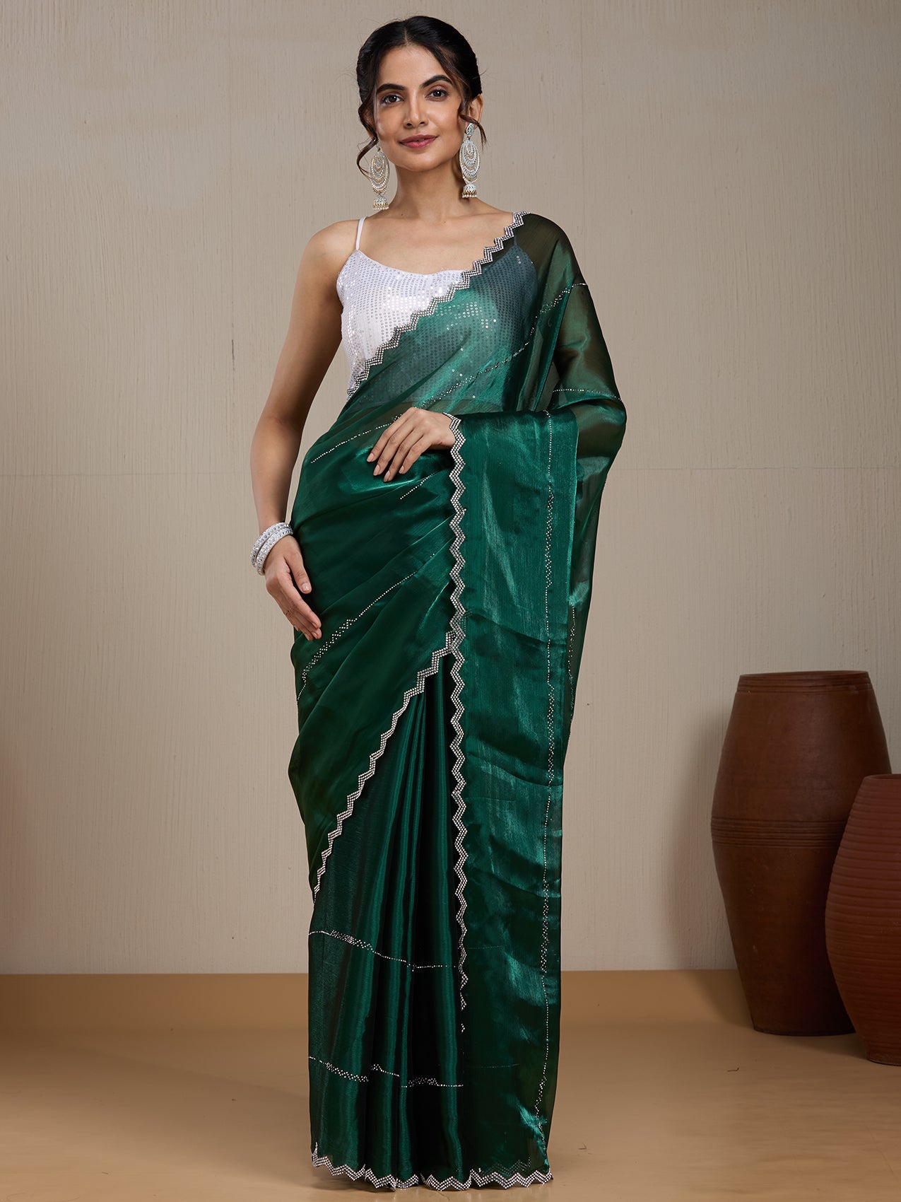 Vervee Couture Green Poly Georgette Saree | EKA