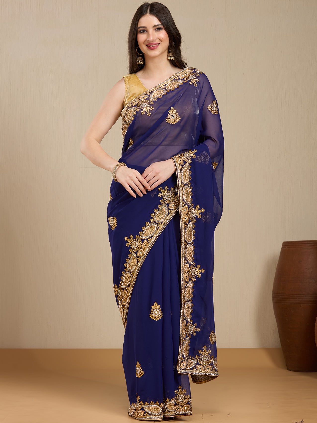 Vervee Couture Blue Poly Georgette Saree with Embroidered Border | EKA