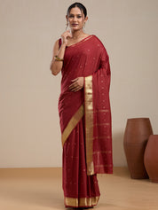Vervee Couture Maroon Silk Blend Saree with Zari Border and Semi Stitched Blouse | EKA
