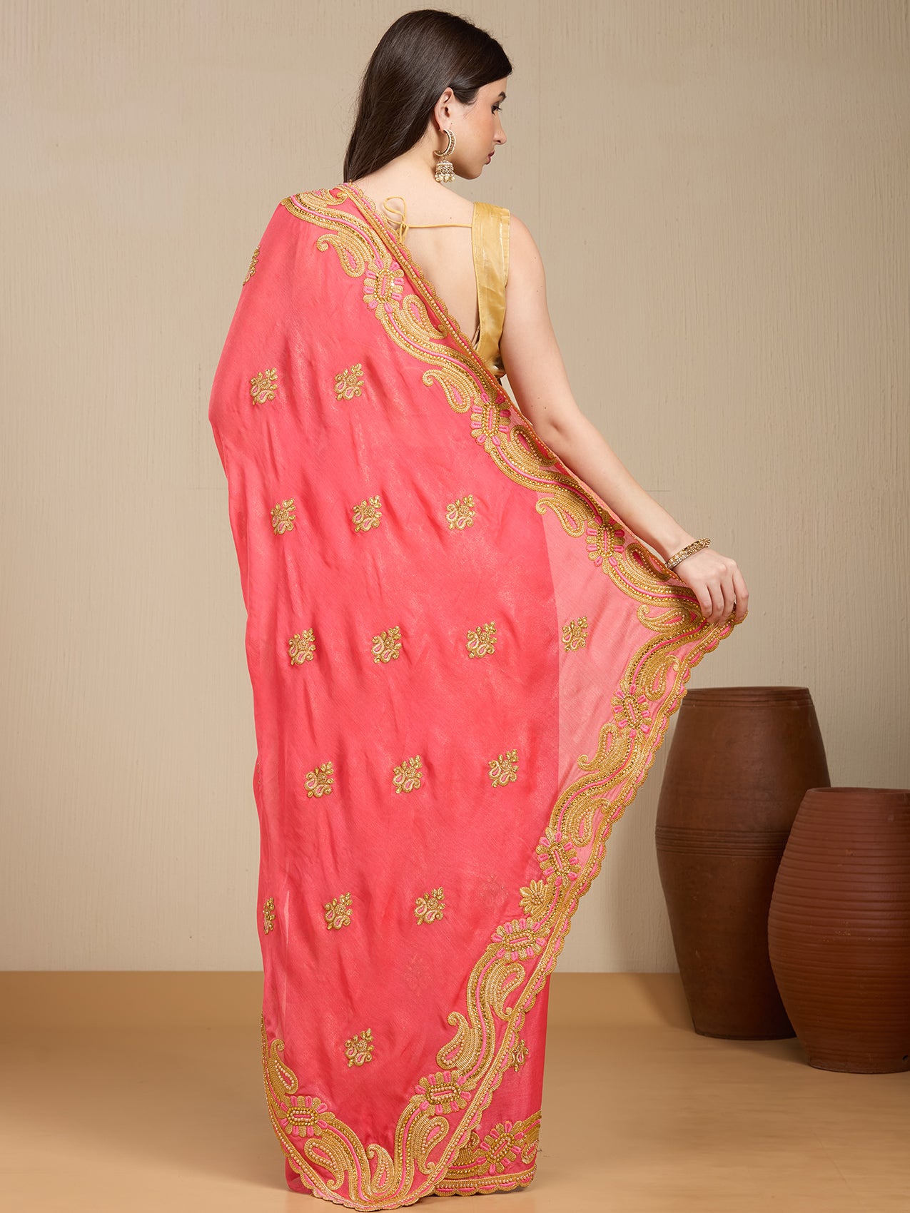 Vervee Couture Peach Poly Georgette Saree with Embellished Border | EKA