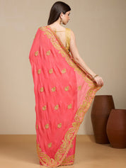 Vervee Couture Peach Poly Georgette Saree with Embellished Border | EKA