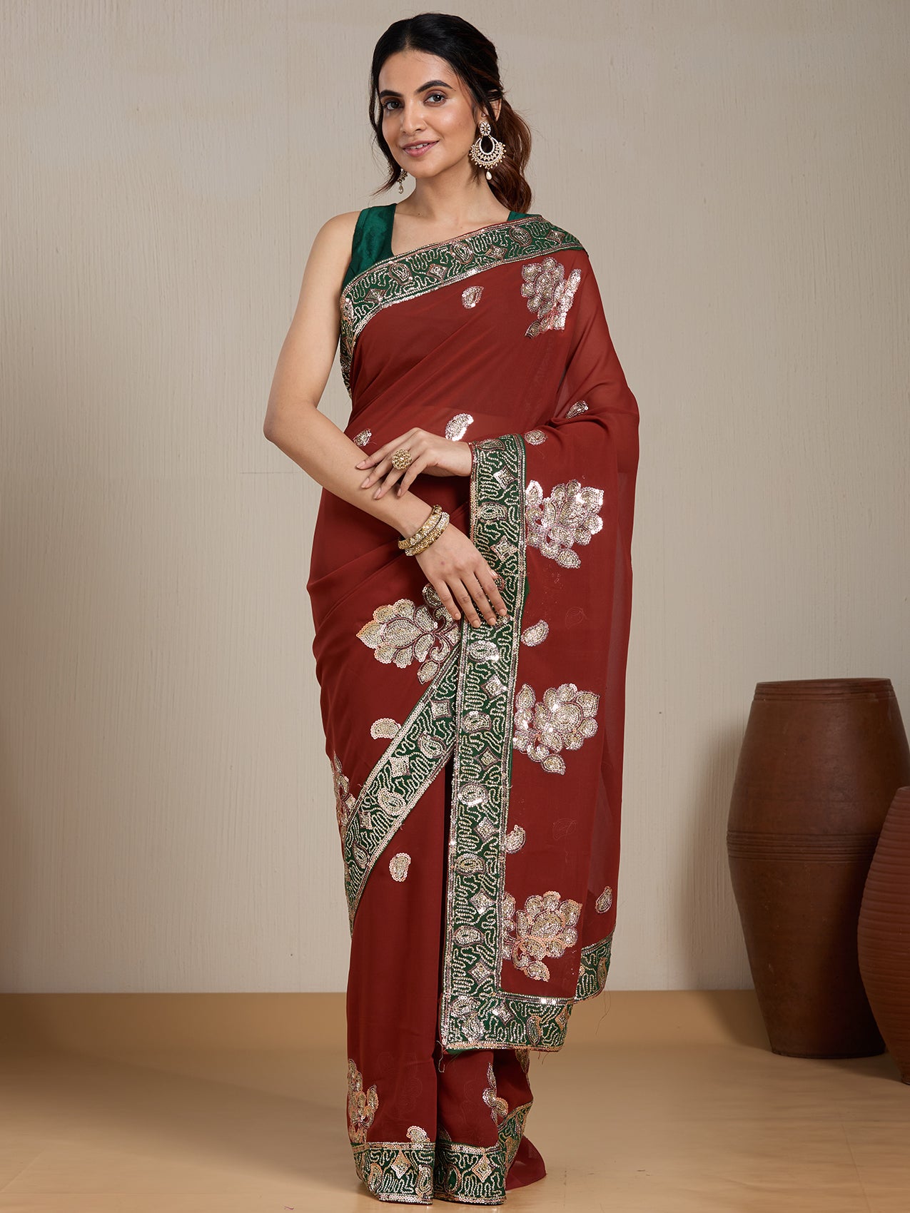 Vervee Couture Red Floral Embellished Poly Georgette Saree with Sequinned Border | EKA