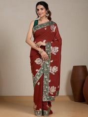 Vervee Couture Red Floral Embellished Poly Georgette Saree with Sequinned Border | EKA