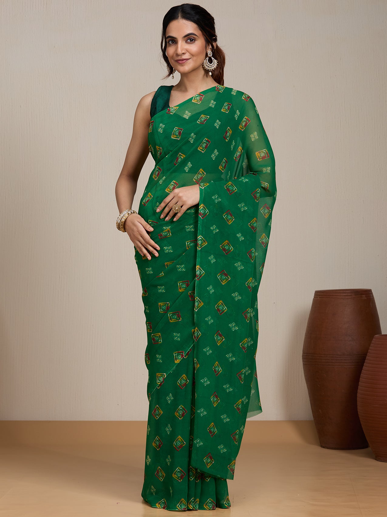 Vervee Couture Green Ethnic Printed Poly Georgette Saree | EKA