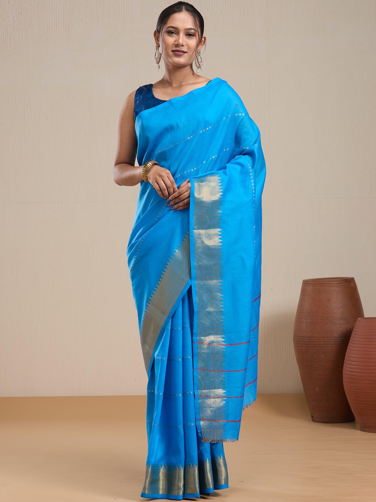 Vervee Couture Blue Silk Blend Saree with Zari Border and Semi Stitched Blouse | EKA