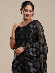 Vervee Couture Black Printed Poly Georgette Saree with Semi Stitched Blouse | EKA