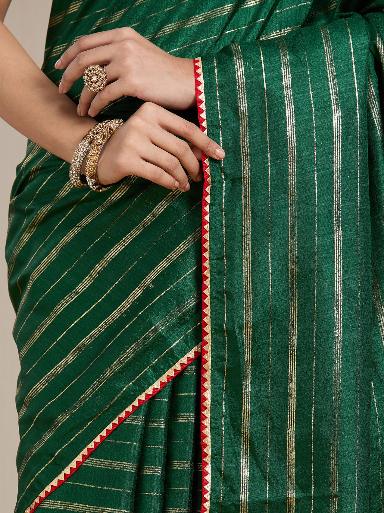 Vervee Couture Emerald Green Gold Striped Silk Blend Saree | EKA