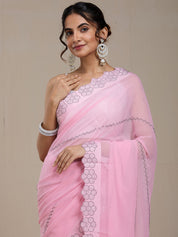 Vervee Couture Pink Poly Georgette Saree with Embroidered Border and Semi Stitched Blouse | EKA
